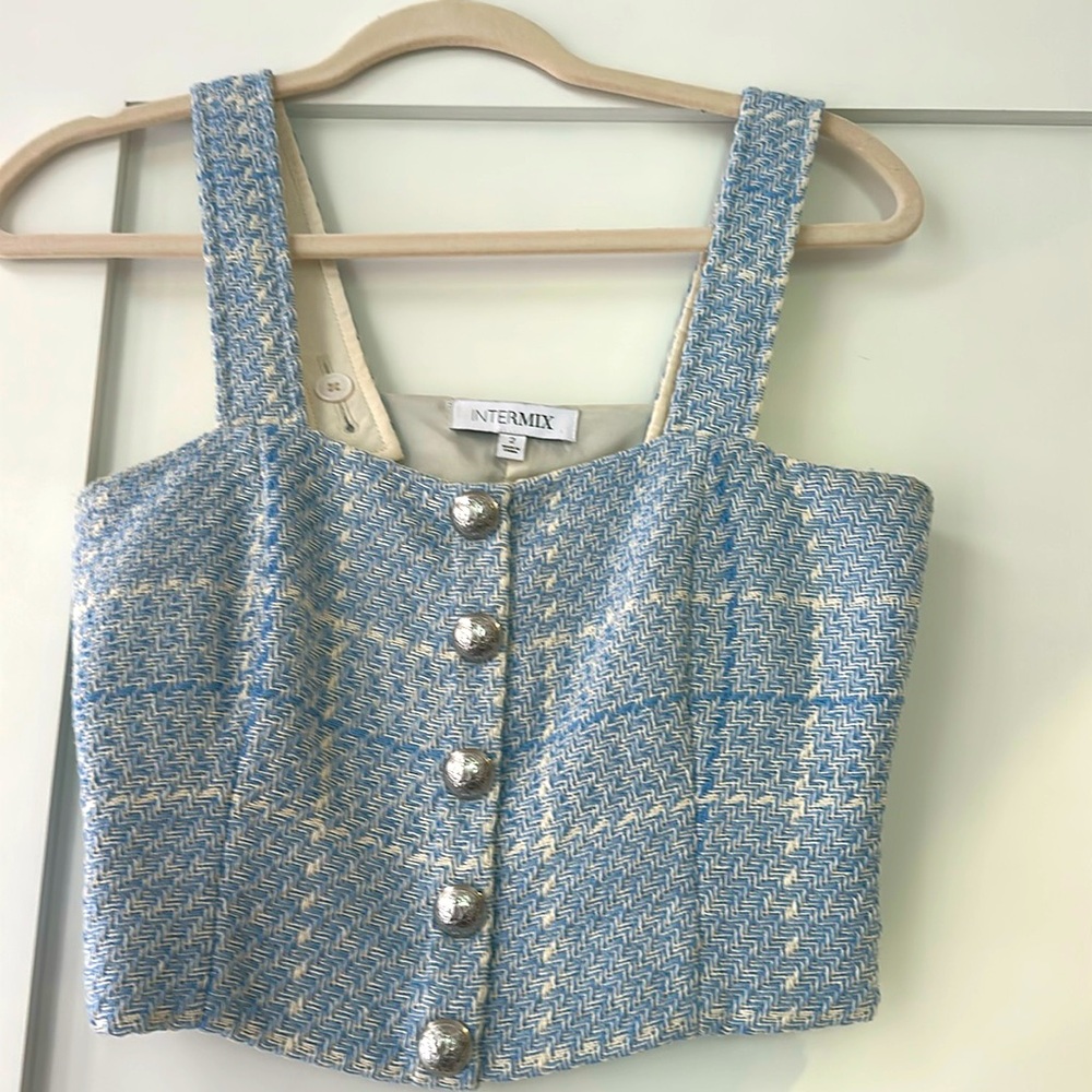 INTERMIX Blue and White Tweed Crop Top